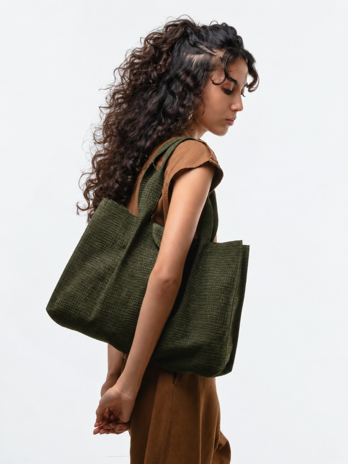 Tote Van Camurça Croco Musgo — 3